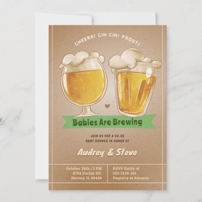 Babies Are Brewing Twin Co-Ed Beer Baby Shower Invitation (Front)