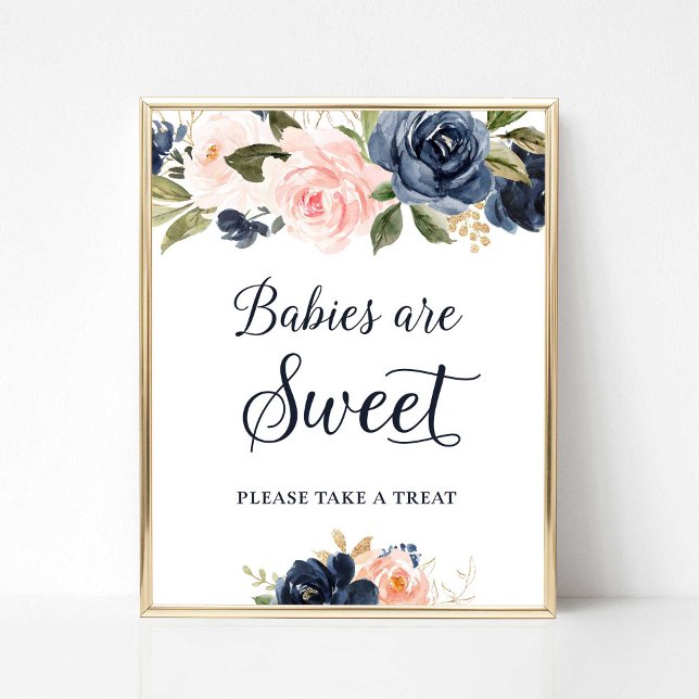 Babies are Sweet Take a Treat Sign Navy & Blush (BABIES ARE SWEET PLEASE TAKE A TREAT SHOWER SIGN, NAVY & BLUSH FLORAL)