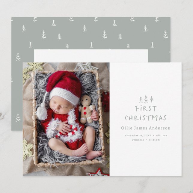 babies first christmas elegant grey tree photo holiday card (Front/Back)