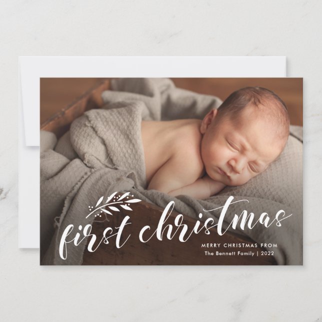 Babies First Christmas Handwritten Baby Photo  Holiday Card (Front)