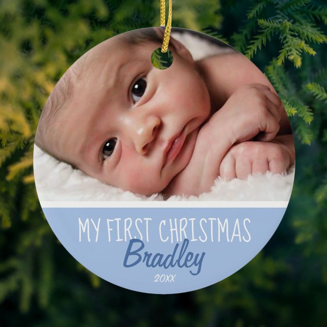Babies First Christmas Photo Blue Ceramic Tree Decoration (Creator Uploaded)