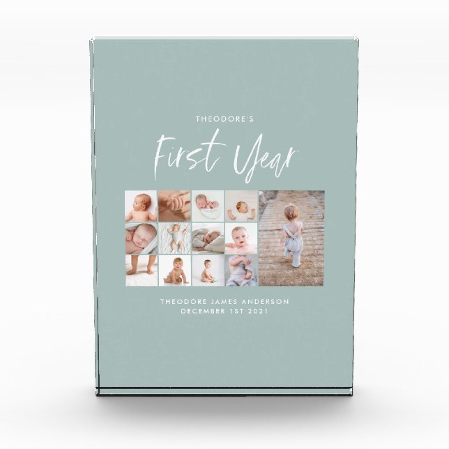 Babies first year photo collage script blue (Front)