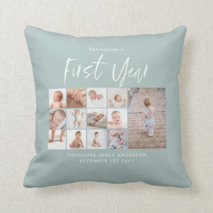Babies first year photo collage script blue cushion