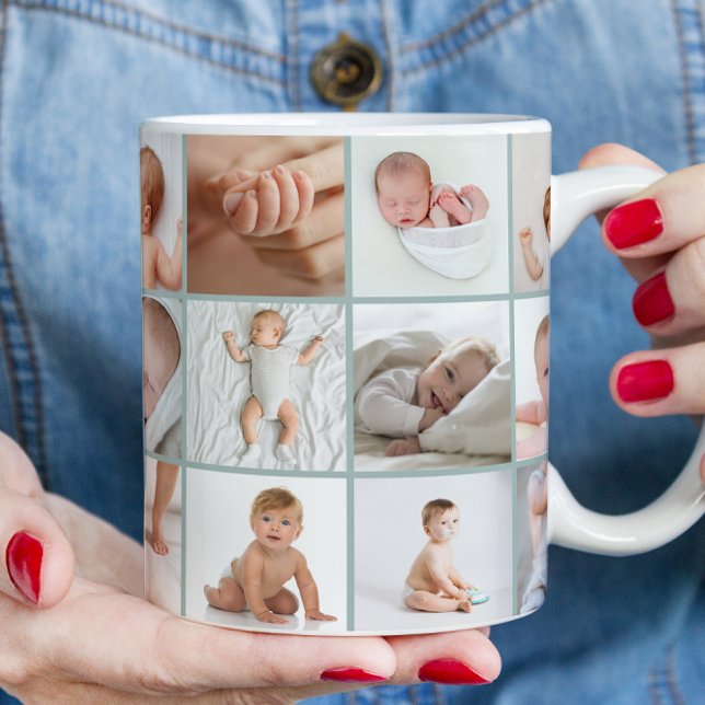 Babies first year photo collage script green coffee mug (Creator Uploaded)