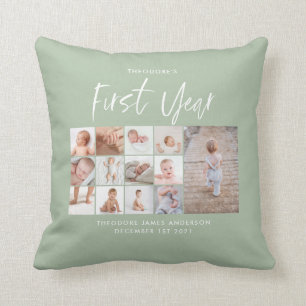 Babies first year photo collage script green faux cushion