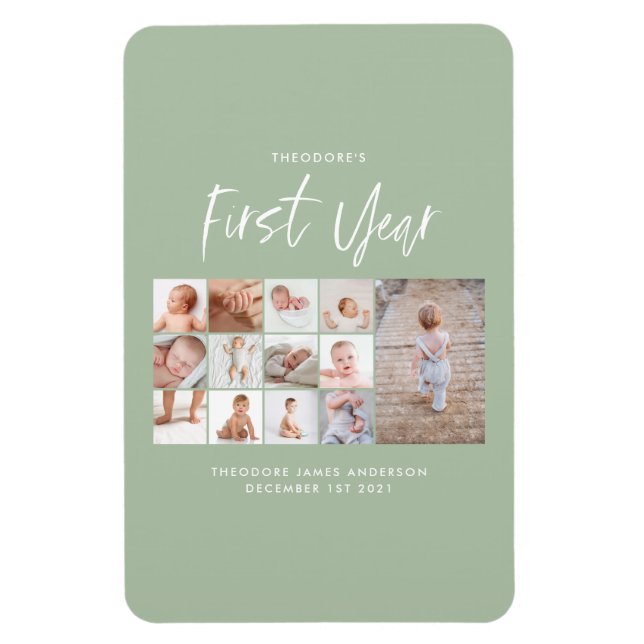 Babies first year photo collage script green  magnet (Vertical)