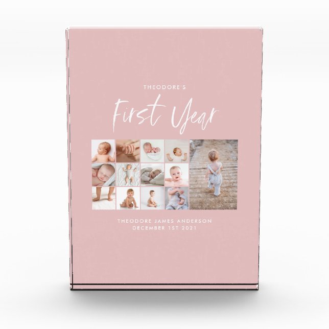 Babies first year photo collage script pink block (Front)