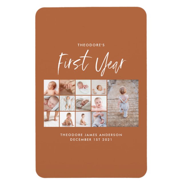 Babies first year photo collage script terracotta magnet (Vertical)