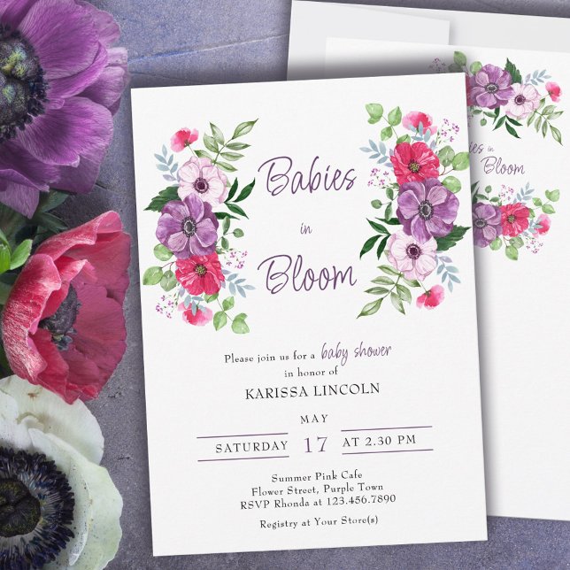 Babies in Bloom Purple Pink Flowers Baby Shower Invitation (Creator Uploaded)