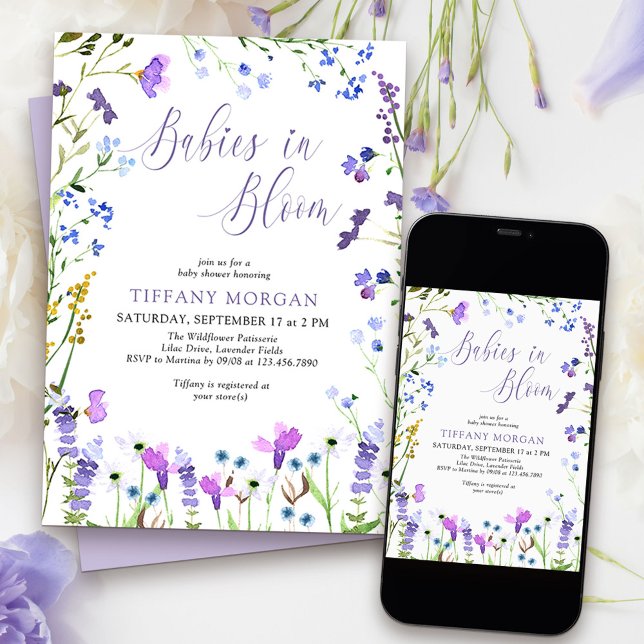 Babies in Bloom Purple Wildflower Twin Baby Shower Invitation (Babies in Bloom Twins Baby Shower Invitation from my Purple Wildflower Collection.)