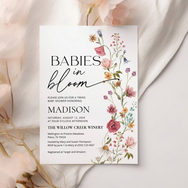 Babies in Bloom  | Twins Baby Shower Invitation (babies in bloom invitation with colorful flowers and wildflowers)