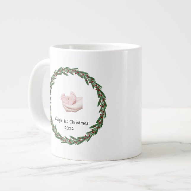 Babies (Kelly’s) 1st Christmas Customizable Large Coffee Mug (Front Left)