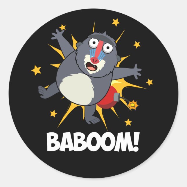 Baboom Funny Exploding Baboon Pun Dark BG Classic Round Sticker (Front)
