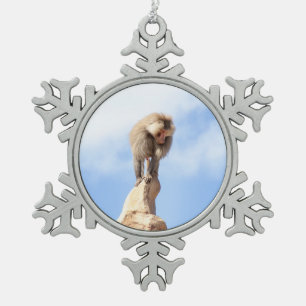 Baboon monkey on top of a mountain snowflake pewter christmas ornament