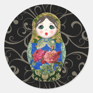 Babushka Russian Doll Colourful Bold Rose Flower 2 Classic Round Sticker