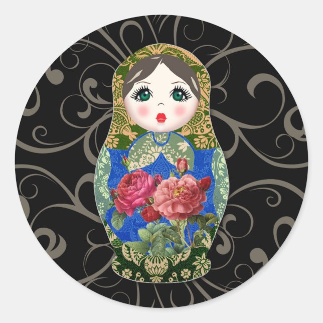 Babushka Russian Doll Colourful Bold Rose Flower 2 Classic Round Sticker (Front)