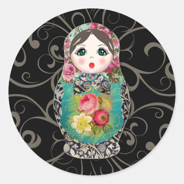 Babushka Russian Doll Colourful Bold Rose Flower Classic Round Sticker (Front)