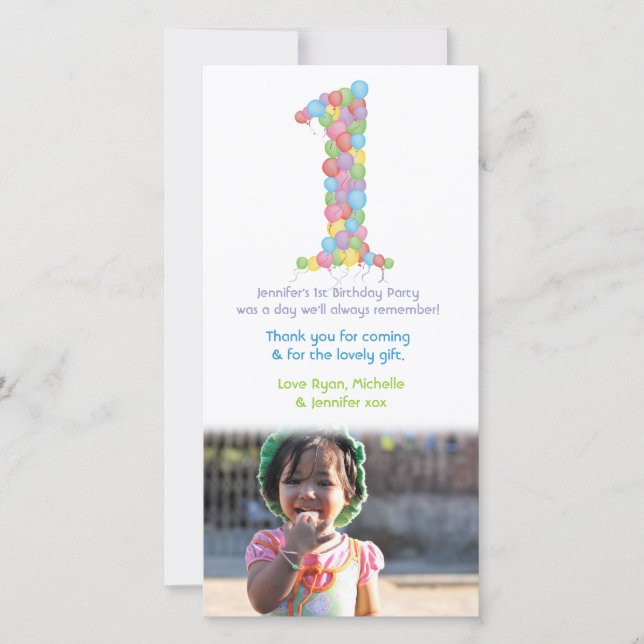 Baby 1st Birthday Balloons Thank You Photo Card (Front)