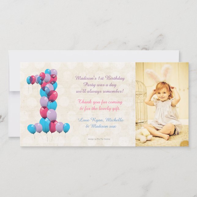 Baby 1st Birthday Balloons Thank You Photo Card (Front)