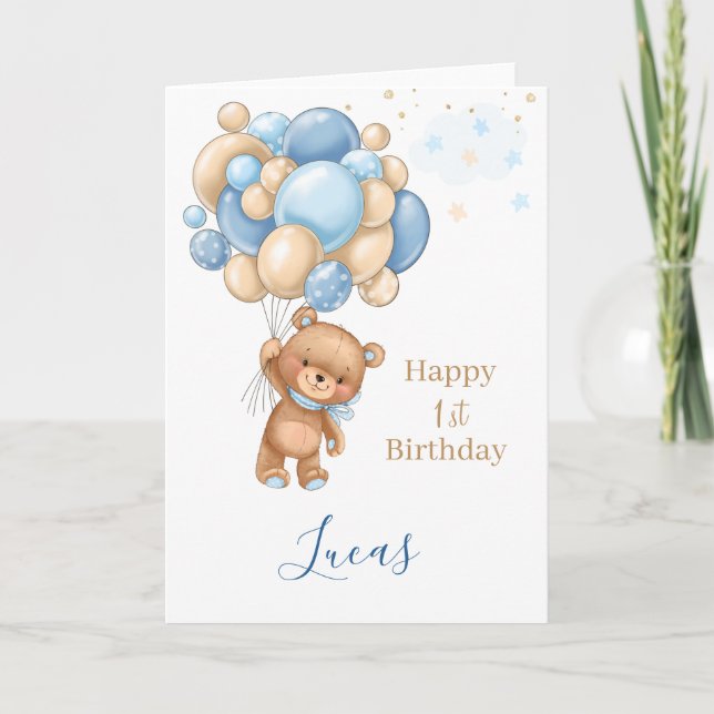 Baby 1st Birthday Teddy Bear Blue Balloons Card (Front)