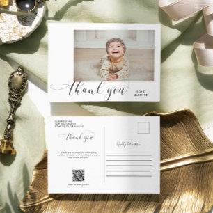 Baby 1st Birthday Thank you Elegant Script QR Code Postcard