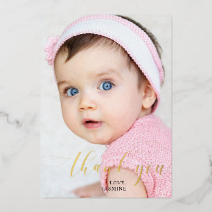 Baby 1st Birthday Thank you Elegant Script Swashes Foil Holiday Card