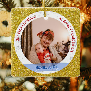 Baby 1st Christmas As Great Grandparents 2 Photos Ceramic Ornament