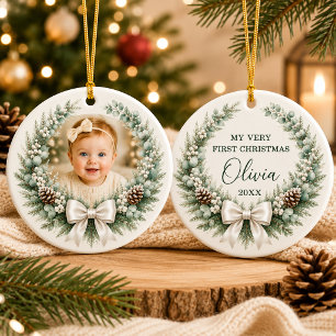Baby 1st Christmas Bow Wreath Photo Ceramic Tree Decoration