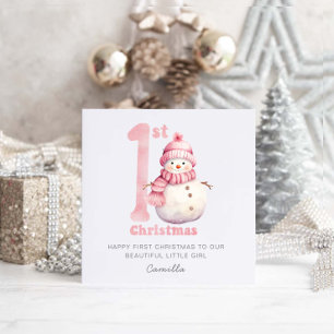 Baby 1st Christmas Cute Pink Snowman Holiday Card
