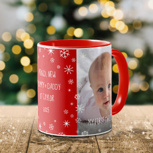 Baby 1st Christmas New Mom Dad Custom Photo Red Mug