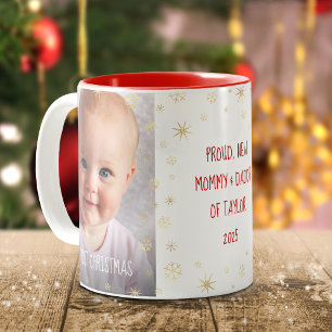 Baby 1st Christmas New Mum Dad Snowflakes 2 Photo Two-Tone Coffee Mug
