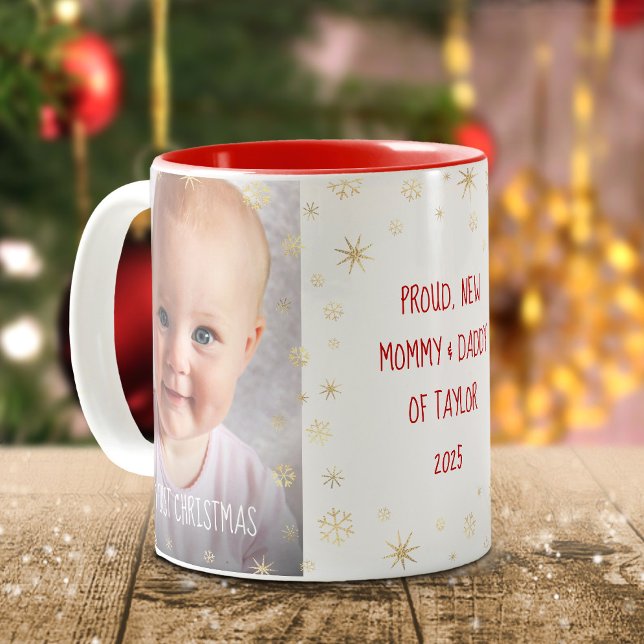 Baby 1st Christmas New Mum Dad Snowflakes 2 Photo Two-Tone Coffee Mug (Creator Uploaded)