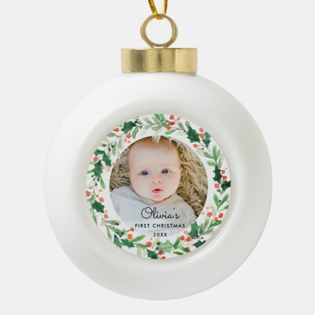 Baby 1st Christmas Photo Ceramic Ball Ornament (Front)