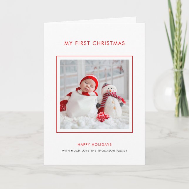 Baby 1st Christmas Photo Minimalist Folded Holiday Card (Front)