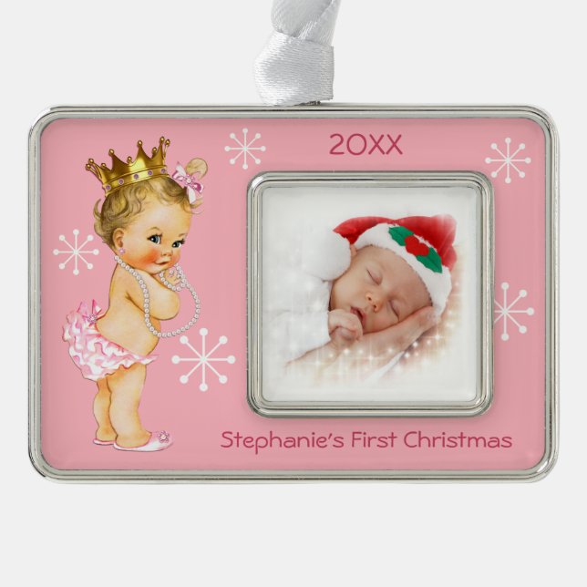 Baby 1st Christmas Photo Pink Princess Pearls Silver Plated Framed Ornament (Front)