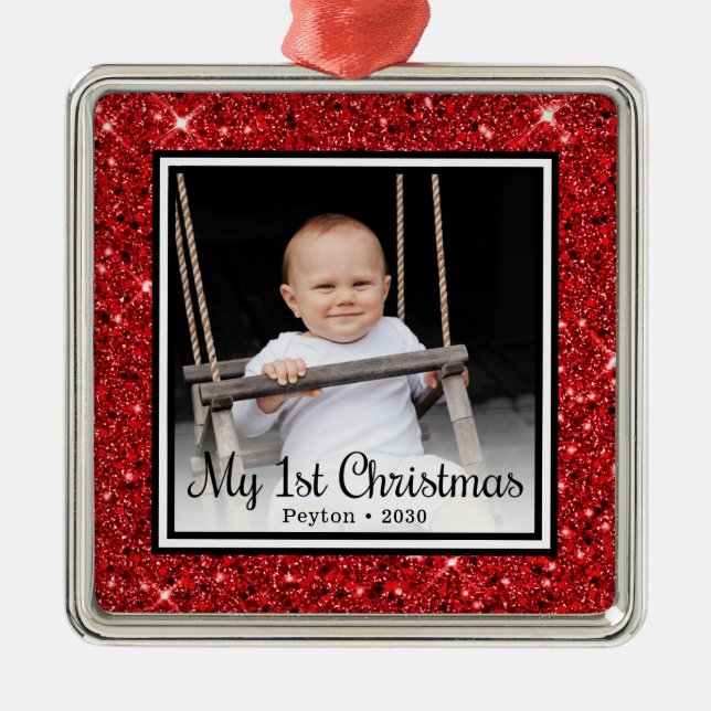 Baby' 1st Christmas Photo Red Glitter Metal Tree Decoration (Front)