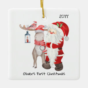 Baby 1st Christmas Photo Santa and Reindeer Ceramic Ornament