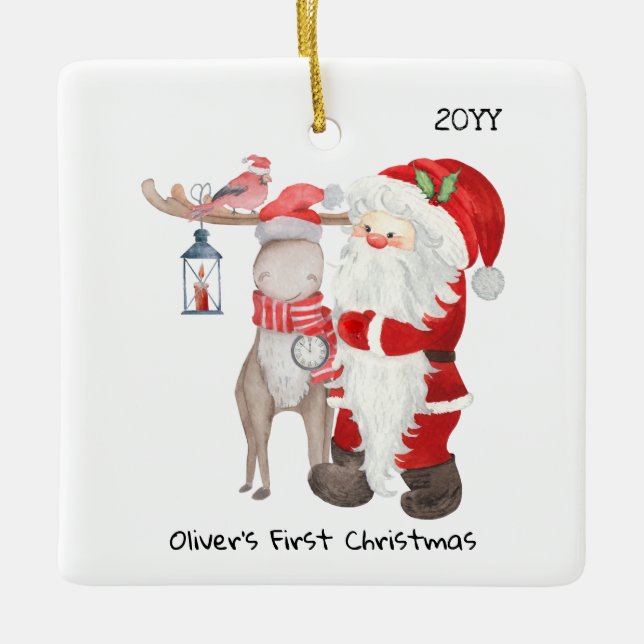 Baby 1st Christmas Photo Santa and Reindeer Ceramic Ornament (Front)