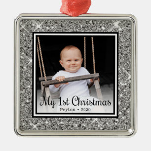 Baby' 1st Christmas Photo Silver Glitter Metal Tree Decoration