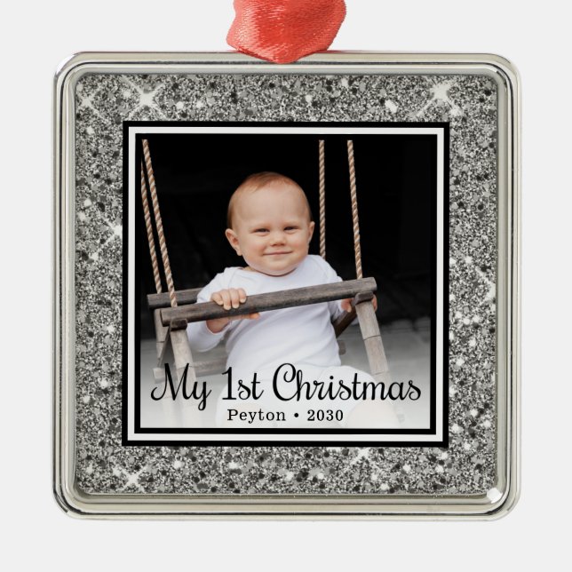 Baby' 1st Christmas Photo Silver Glitter Metal Tree Decoration (Front)