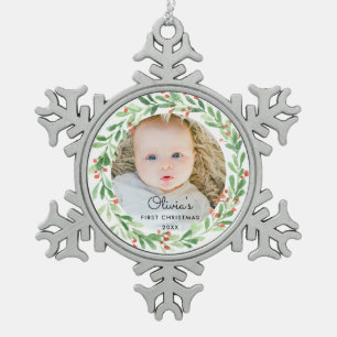 Baby 1st Christmas Photo Snowflake Pewter Christmas Ornament