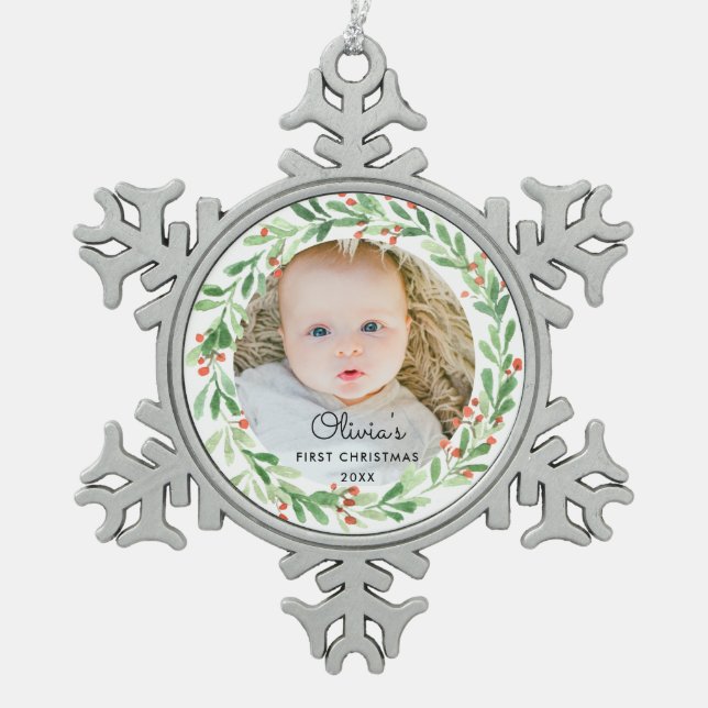 Baby 1st Christmas Photo Snowflake Pewter Christmas Ornament (Front)