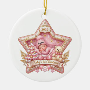 Baby 1st Christmas Pink Star Custom Name Ornament