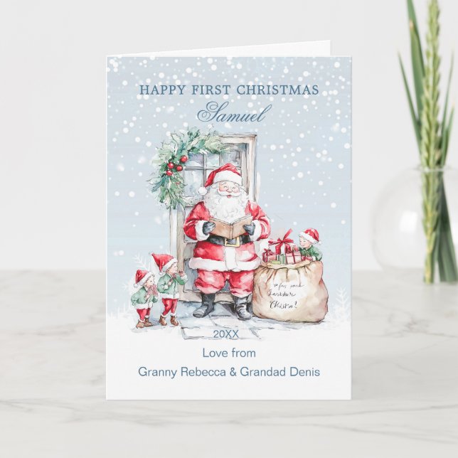 Baby 1st Christmas Santa Elf's Presents Holiday Card (Front)