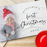 Baby 1st Christmas Script Name Year Photo Keepsake Tea Towel<br><div class="desc">Modern Baby 1st Christmas Script Name Year Photo Keepsake. A great gift idea to celebrate your little one's 1st Christmas! A fun set script for First Christmas and the rest of the text is easy to personalise with your baby's name and the year. Replace the sample photo with your own....</div>