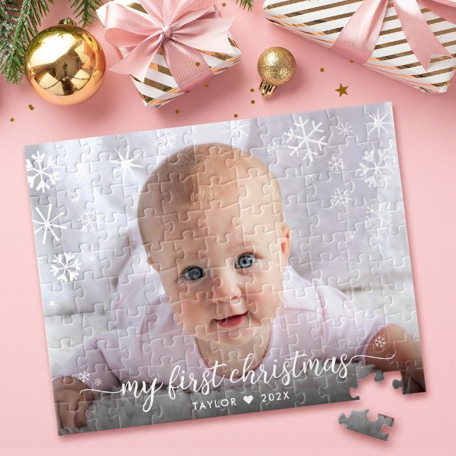 Baby 1st Christmas Script Snowflake Photo Keepsake Jigsaw Puzzle (Creator Uploaded)