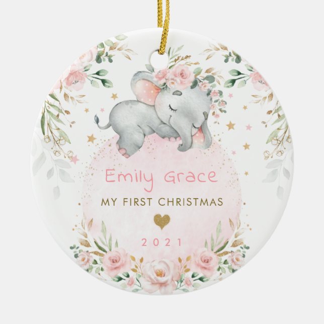 Baby 1st First Christmas Dreamy Blush Elephant Ceramic Tree Decoration (Front)
