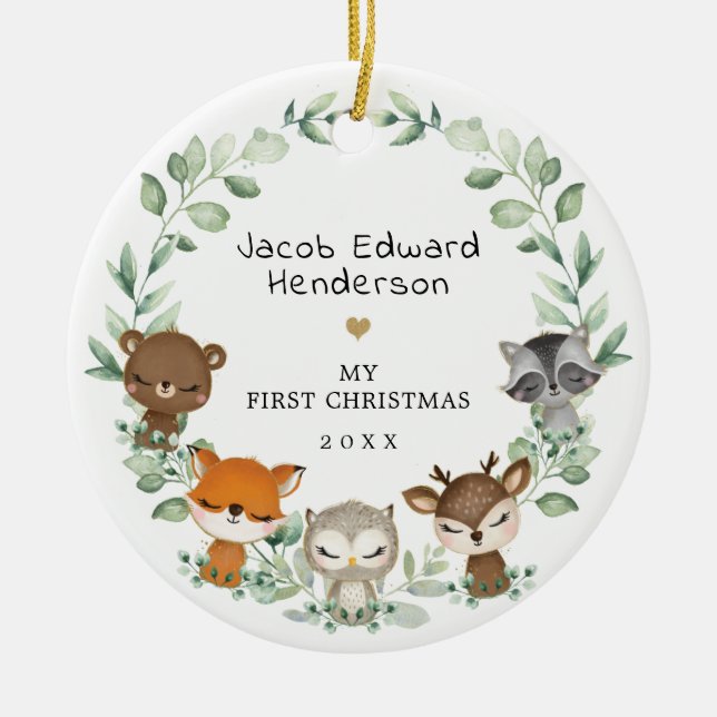 Baby 1st First Christmas Woodland Greenery Animals Ceramic Tree Decoration (Front)