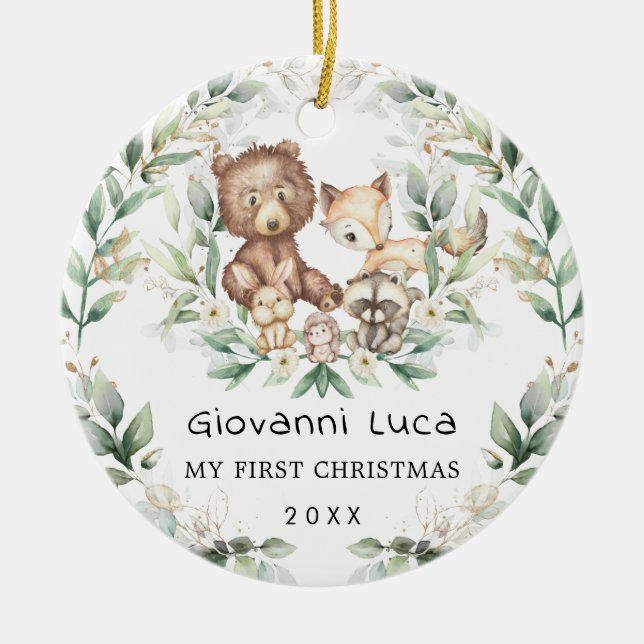 Baby 1st First Christmas Woodland Greenery Wreath  Ceramic Tree Decoration (Front)