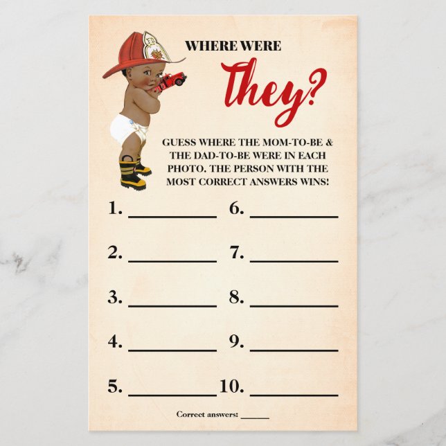 Baby AA Fireman Where were They Shower Game Card (Front)